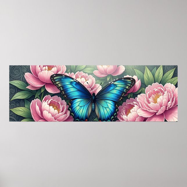 Blue Morpho Butterfly Floral Botanical Art Poster (Front)