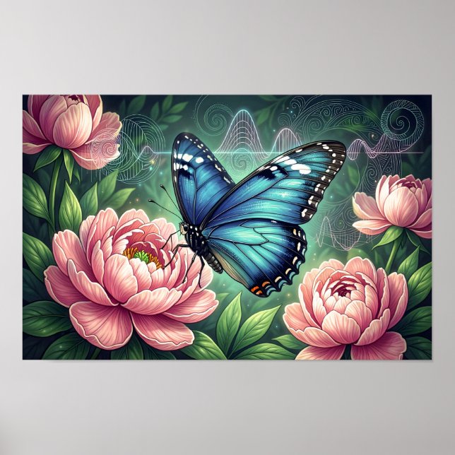 Blue Morpho Butterfly Floral Botanical Art Poster (Front)
