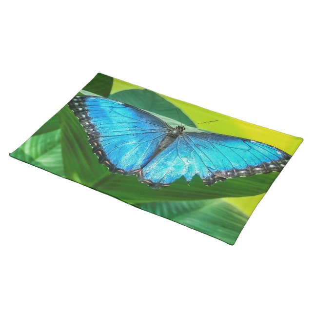Blue Morpho Butterfly Floral Nature Art Cloth Placemat (On Table)