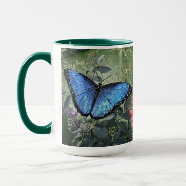 Blue Morpho Butterfly Floral Nature Art Mug (Left)