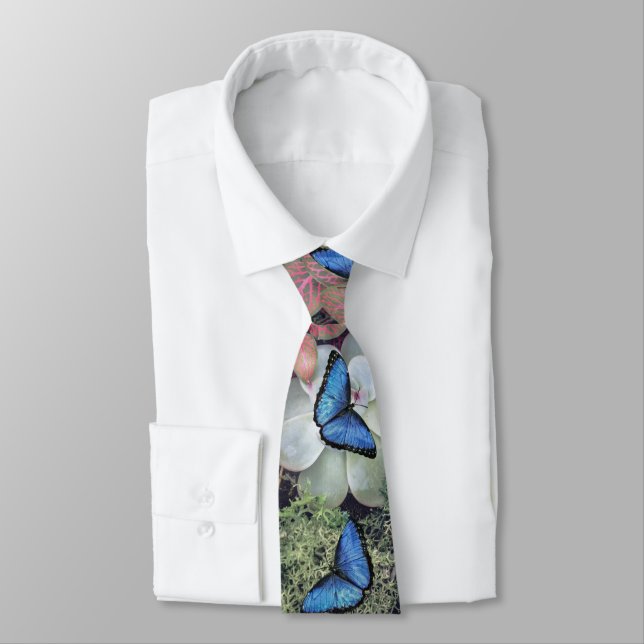 Blue Morpho Butterfly Floral Nature Art Neck Tie (Tied)