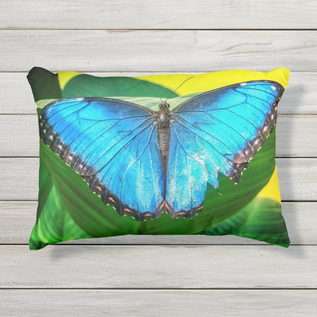 Blue Morpho Butterfly Floral Nature Art Outdoor Pillow (Front)
