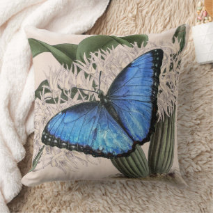 Blue Morpho Butterfly Floral Nature Art Throw Pillow