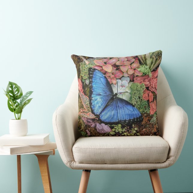 Blue Morpho Butterfly Floral Nature Art Throw Pillow (Chair)