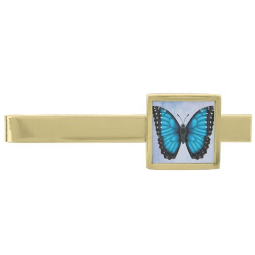 Blue Morpho Butterfly Gold Finish Tie Clip