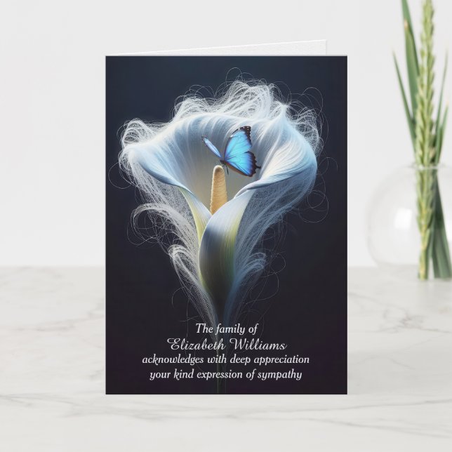 Blue Morpho Butterfly In Lily Sympathy Thank You Card (Front)