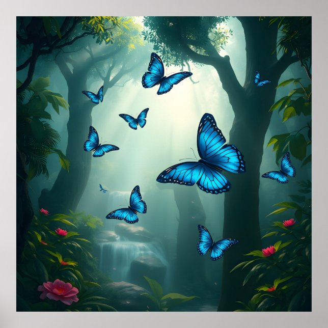 Blue Morpho Butterfly in the Rainforest Poster (Front)