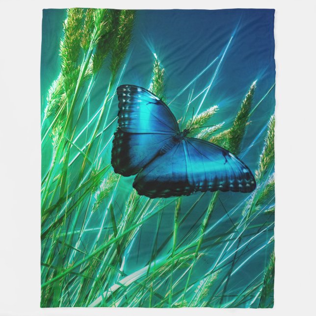Blue Morpho Butterfly on Green Grass Fleece Blanket (Front)