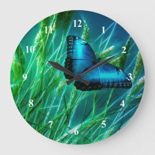 Blue Morpho Butterfly on Green Grass Large Clock