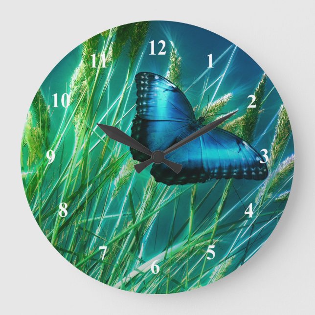 Blue Morpho Butterfly on Green Grass Large Clock (Front)