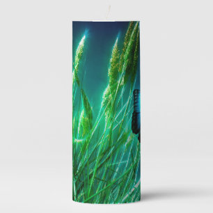 Blue Morpho Butterfly on Green Grass Pillar Candle