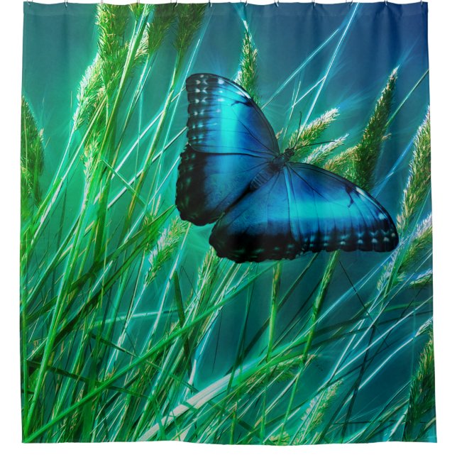 Blue Morpho Butterfly on Green Grass Shower Curtain (Front)