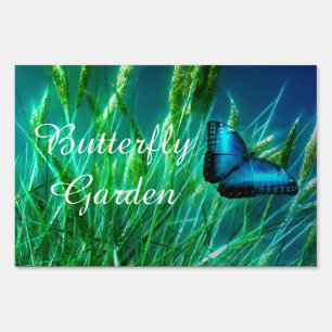 Blue Morpho Butterfly on Green Grass Yard Sign