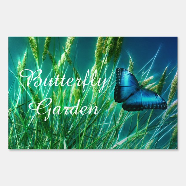Blue Morpho Butterfly on Green Grass Yard Sign (Front)
