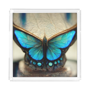 Blue morpho butterfly on jeweled pedestal acrylic tray