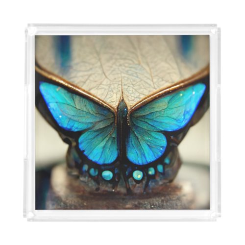 Blue morpho butterfly on jeweled pedestal   acrylic tray