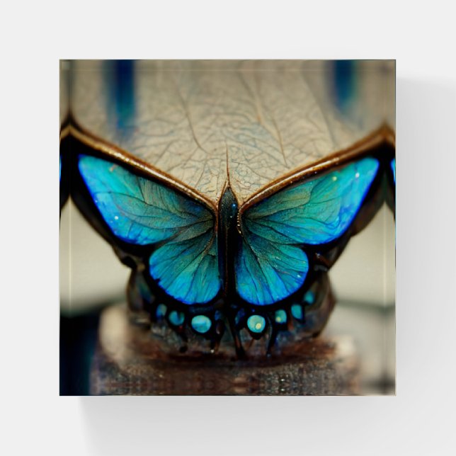 Blue morpho butterfly on jeweled pedestal paperweight (Front)