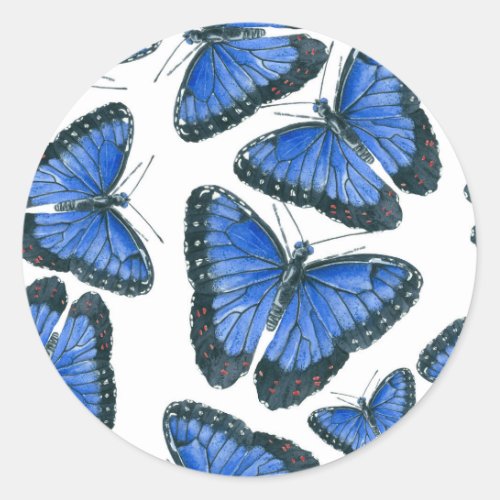 Blue morpho butterfly pattern design classic round sticker