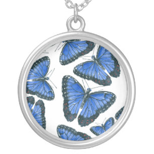 Blue morpho butterfly pattern design silver plated necklace