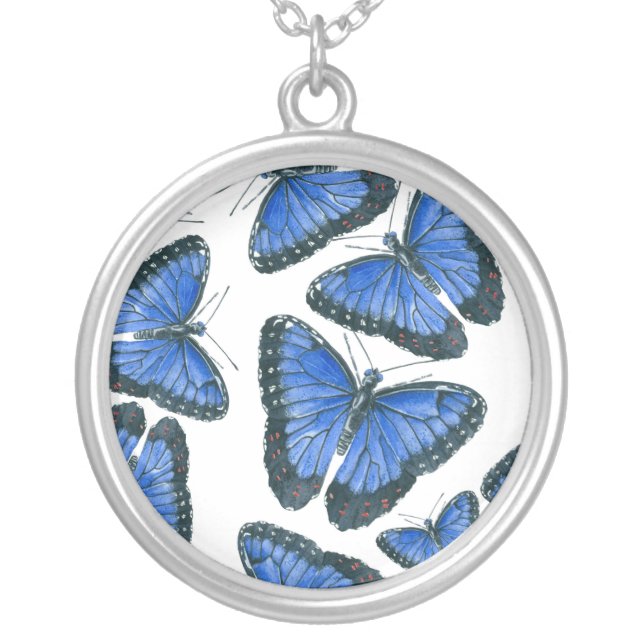 Blue morpho butterfly pattern design silver plated necklace (Front)