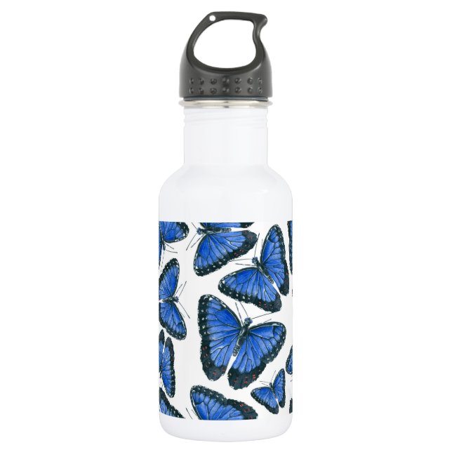 Blue morpho butterfly pattern design stainless steel water bottle (Front)