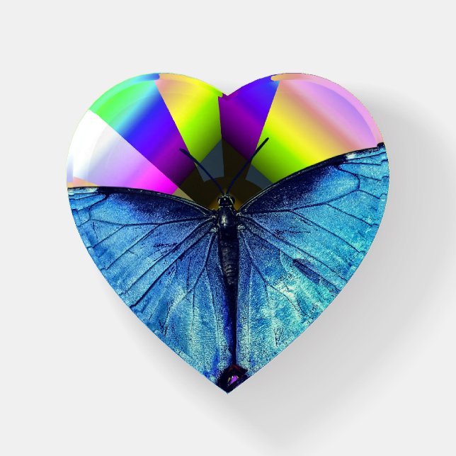 Blue Morpho Butterfly Rainbow Heart Paperweight (Front)