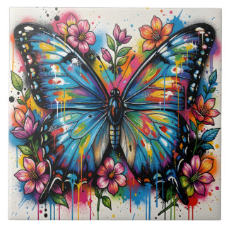 Blue Morpho Butterfly Street Art Graffiti Grunge Ceramic Tile