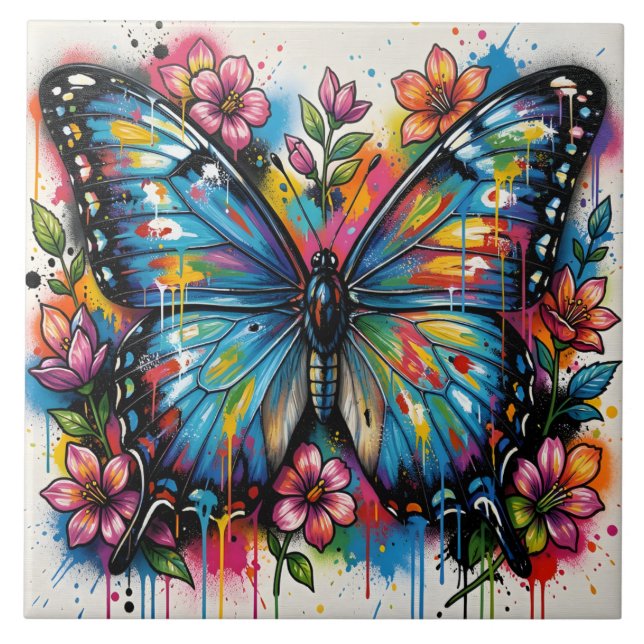 Blue Morpho Butterfly Street Art Graffiti Grunge Ceramic Tile (Front)
