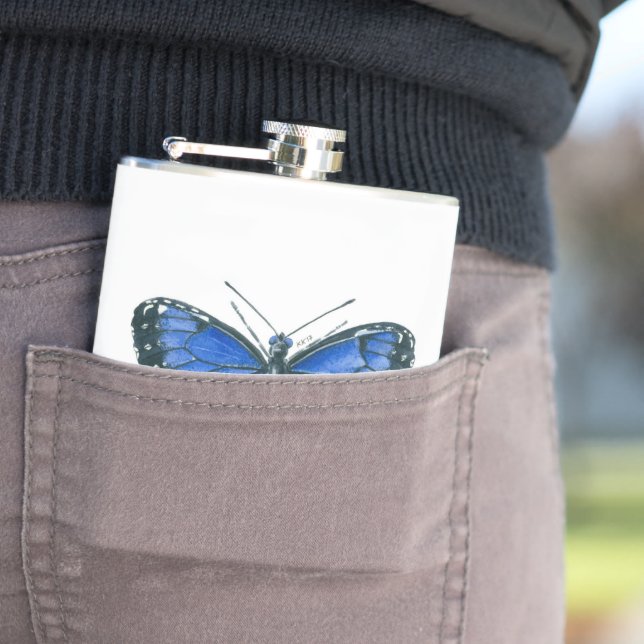 Blue Morpho butterfly watercolor painting Flask (In Situ)