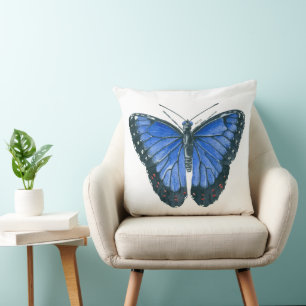 Blue Morpho butterfly watercolor painting Throw Pillow