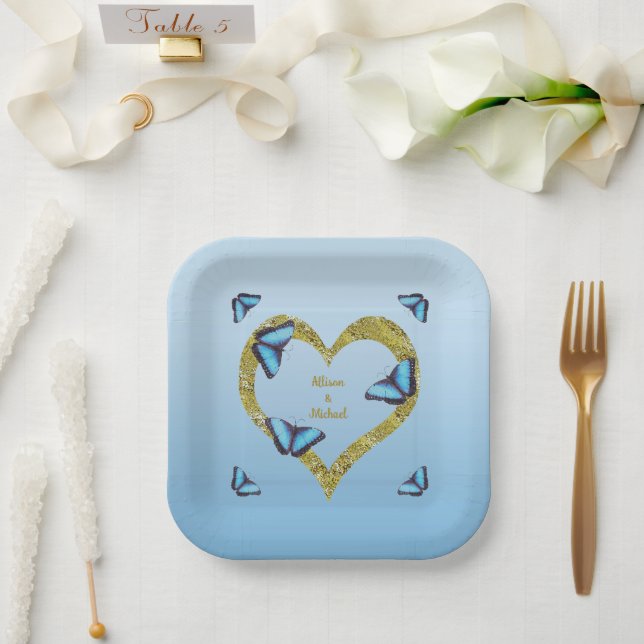 Blue morpho butterfly with golden heart   paper plates (Wedding)