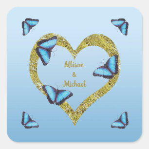 Blue morpho butterfly with golden heart square sticker