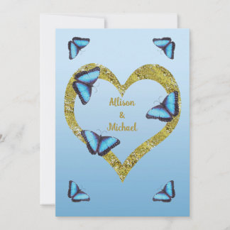 Blue morpho butterfly with golden heart wedding invitation