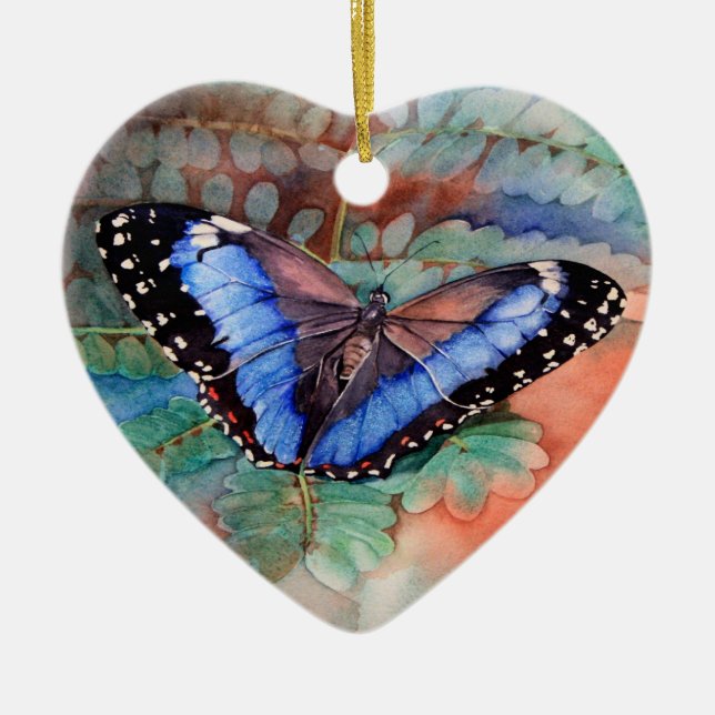 Blue Morpho Watercolor Ceramic Ornament (Front)