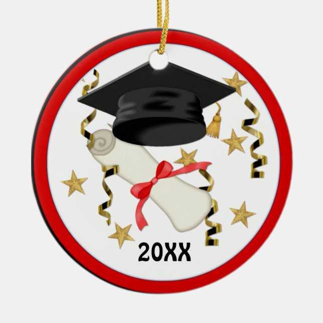 Blue Mortar and Diploma Graduation Ceramic Ornament (Front)