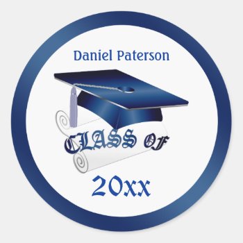 Blue Mortar  Diploma Class Of Any Year Graduation Classic Round Sticker by IrinaFraser at Zazzle