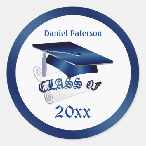Blue Mortar diploma Class of any year Graduation Classic Round Sticker