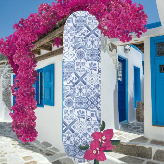 Blue Mosaic Mediterranean Tile Skateboard (Blue Mosaic Mediterranean Tile Boho Pattern Skateboard )