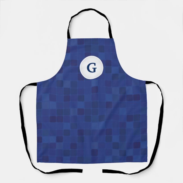 Blue mosaic pixel pattern personalized monogram apron (Front)