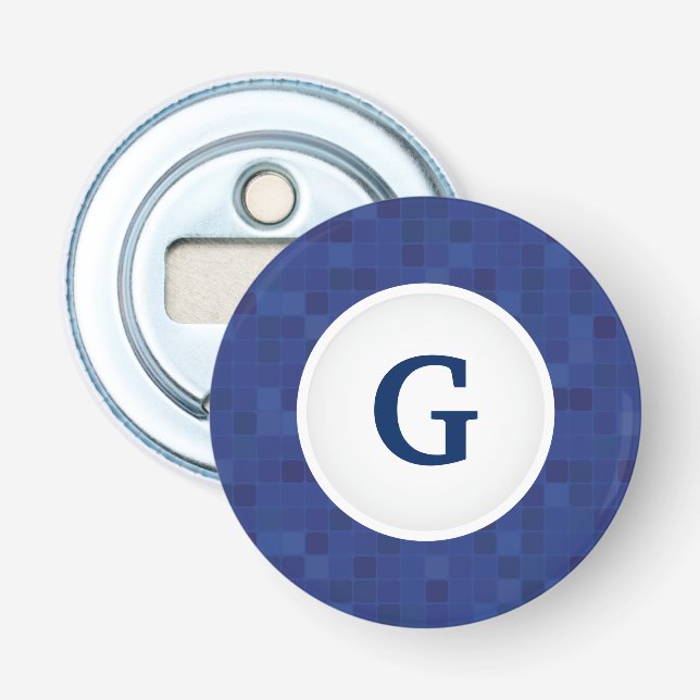 Blue mosaic pixel pattern personalized monogram  bottle opener (Front)