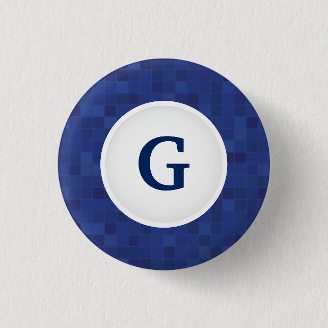 Blue mosaic pixel pattern personalized monogram  button (Front)