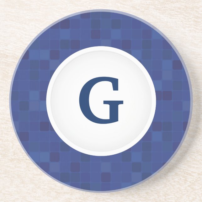 Blue mosaic pixel pattern personalized monogram  coaster (Front)
