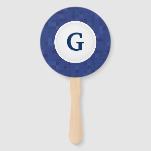 Blue mosaic pixel pattern personalized monogram  hand fan