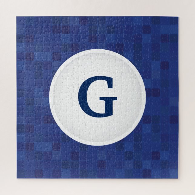Blue mosaic pixel pattern personalized monogram jigsaw puzzle (Vertical)
