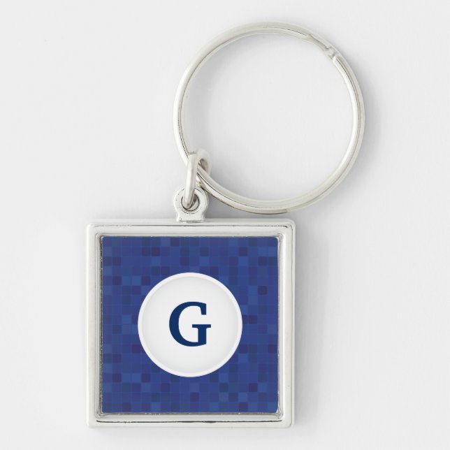 Blue mosaic pixel pattern personalized monogram keychain (Front)