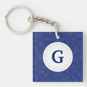Blue mosaic pixel pattern personalized monogram  keychain