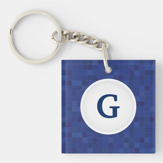 Blue mosaic pixel pattern personalized monogram  keychain (Front)