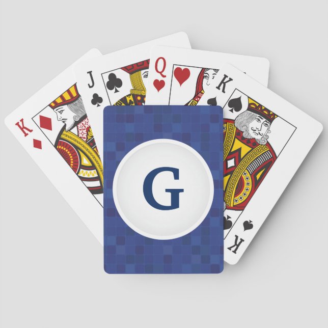 Blue mosaic pixel pattern personalized monogram poker cards (Back)