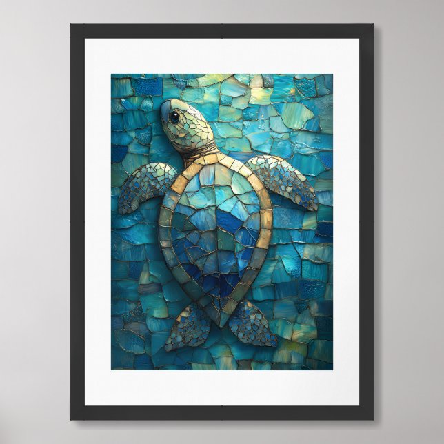 Blue Mosaic Sea Turtle with Gold Accents Painting Framed Art (Framed Front)