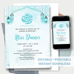 Blue Mosque Lanterns Ramadan Iftar Dinner Invitation